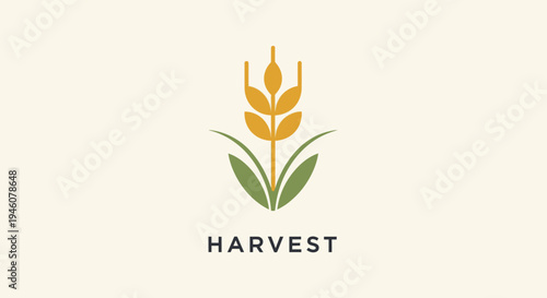 Simple Harvest Wheat Grain Logo with Green Leaves on a Light Beige Background
