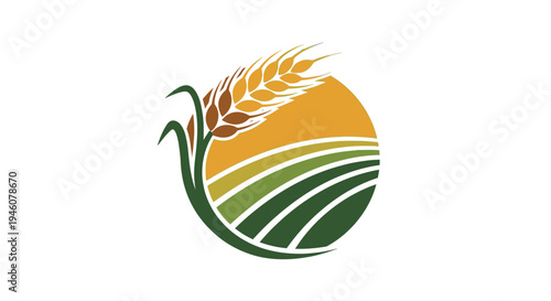 Golden Wheat Ears and Green Fields with Sun Agriculture Landscape Logo, isolated white background