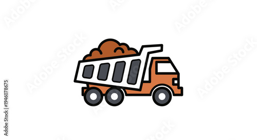 Cartoon Style Orange Dump Truck Full of Dirt Construction Material Transport, isolated white background