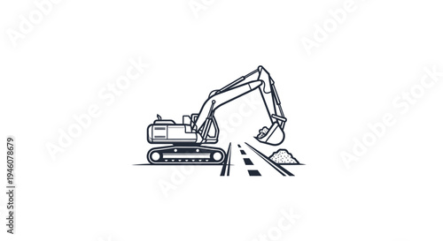Black and White Outline Drawing of Excavator Moving Earth, isolated white background