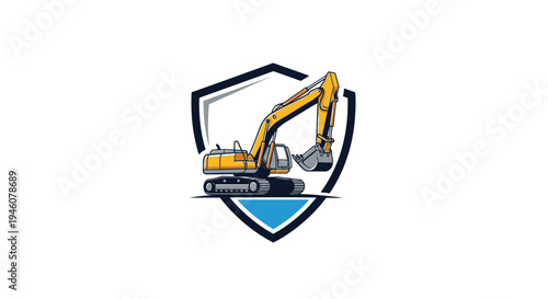 Yellow Excavator with Protective Shield Emblem Construction Safety, isolated white background