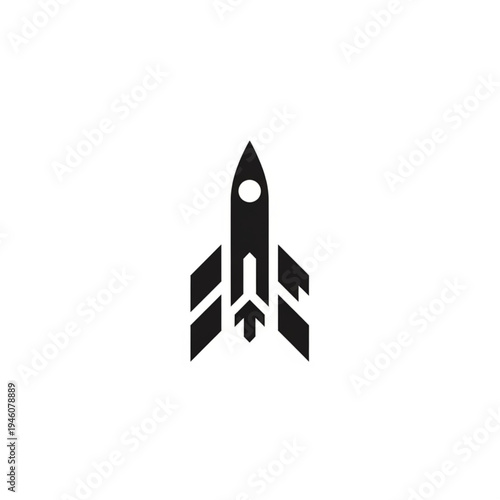 Stylized black rocket ship icon with exhaust flames, symbolizing space travel and innovation.