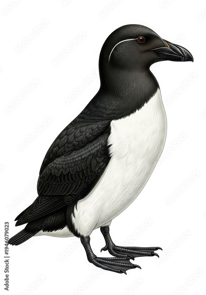 Fototapeta premium Detailed illustration depicts a medium-sized, stout seabird with distinct black and white plumage standing in profile