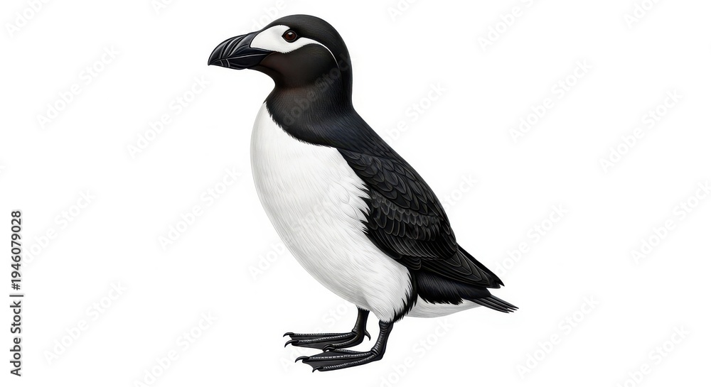Obraz premium Detailed illustration depicts a black and white sea bird standing upright in profile view