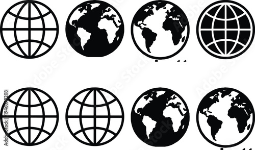Assortment of eight globe icons, presenting simplified grid designs and detailed world maps in a striking black and white contrast.
