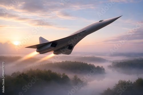 Futuristic Supersonic Jet Flying Over Misty Forest at Sunrise, Sleek Modern Aircraft with Glowing Engines Above Foggy Landscape, Advanced Aerospace Technology in Golden Morning Sky.