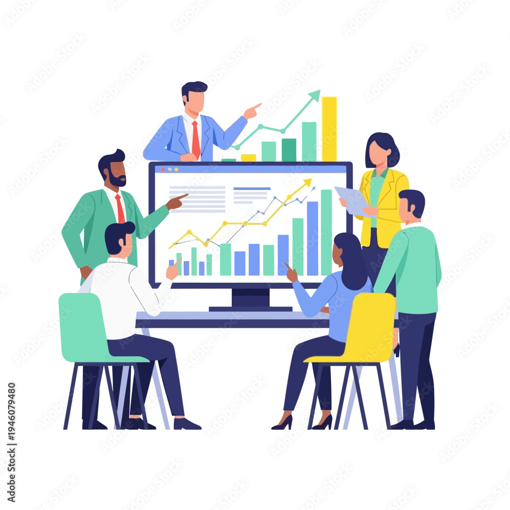 Obraz premium Business team analyzing financial charts on a computer screen, teamwork and growth concept