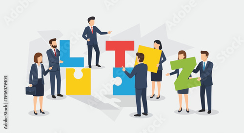 Business Team Assembling Puzzle Pieces Forming Letters L, T, Z, Strategy and Collaboration