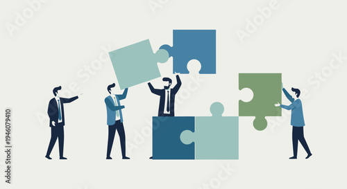 Business team assembling puzzle pieces, teamwork, strategy, collaboration, problem solving concept