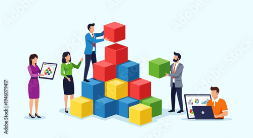 Business team building a colorful block pyramid, teamwork and strategy concept