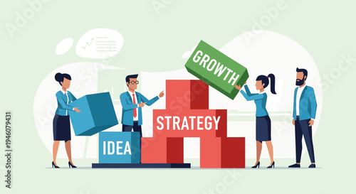 Business team building strategy and growth with idea blocks