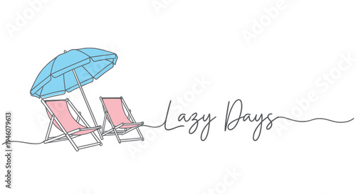 Vector illustration of 2 beach chairs and umbrella with 'Lazy Days' text