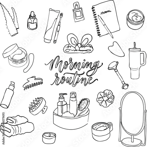 A collection of black and white vector illustrations featuring morning self-care and beauty routine elements. Includes skincare products (serums, creams, patches), hair accessories 