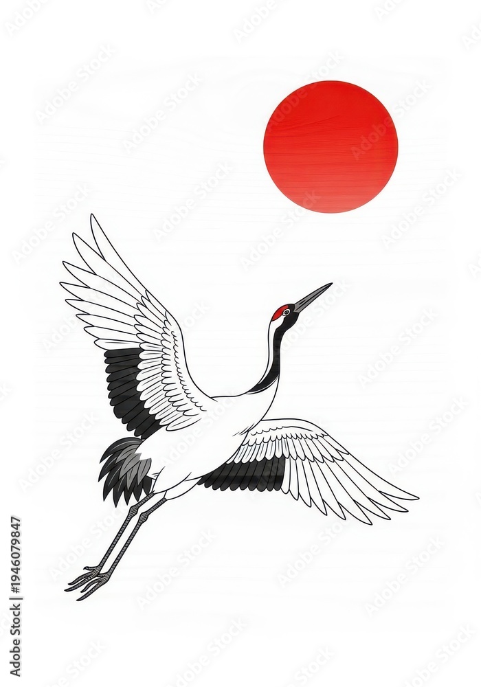 Fototapeta premium Graceful waterbird with outstretched wings soars beneath a large red circle in a minimalist design.