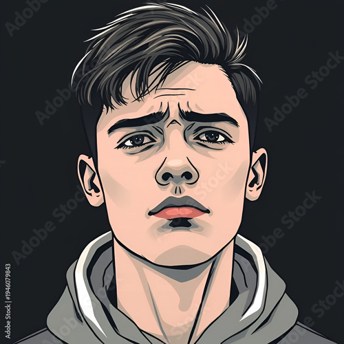 Abstract portrait of a young man suffering from depression and loneliness in vector line art style.