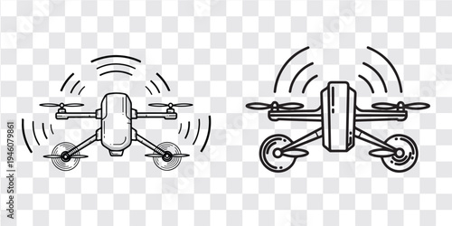 Drone technology illustration two quadcopters flying with motion lines hovering in air