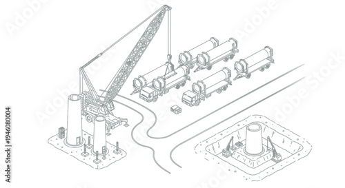 Industrial construction site vector illustration with crane and pipeline