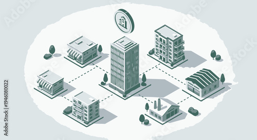 Set of 7 isometric city buildings vector