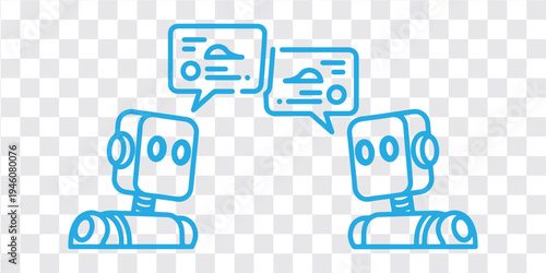Artificial intelligence illustration two robots communicating with speech bubbles data exchange