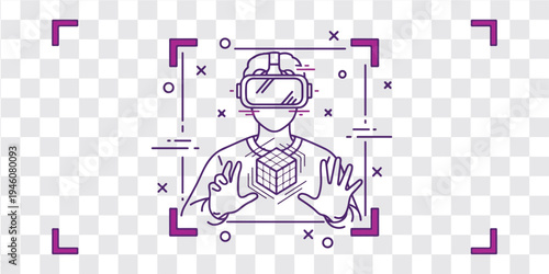 Virtual reality illustration person wearing VR headset interacting with 3D cube digital interface