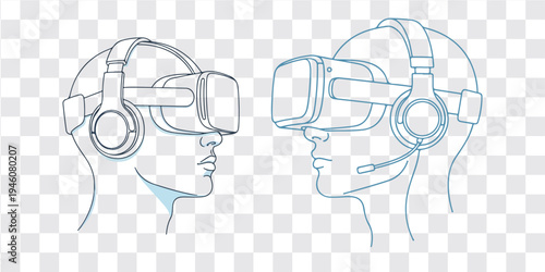 Virtual reality technology illustration two heads wearing VR headset headphones facing each other