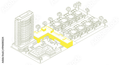 Vector illustration of modern building complex with highlighted section