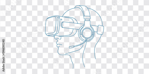 Virtual reality technology illustration profile head wearing VR headset and headphones