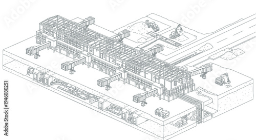 Vector illustration of a factory or industrial complex with machinery