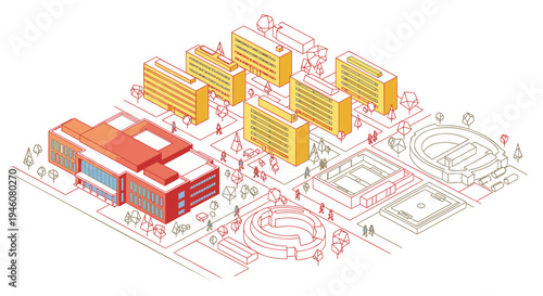 Set of isometric office buildings and complex vector layout
