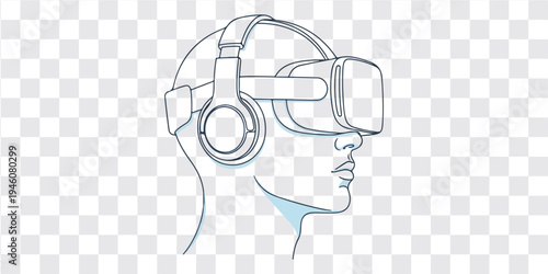 Virtual reality technology illustration head wearing VR headset headphones with microphone