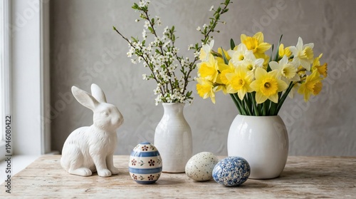 Wallpaper Mural Yellow daffodils and white ceramic bunny with decorated eggs on wooden table Torontodigital.ca