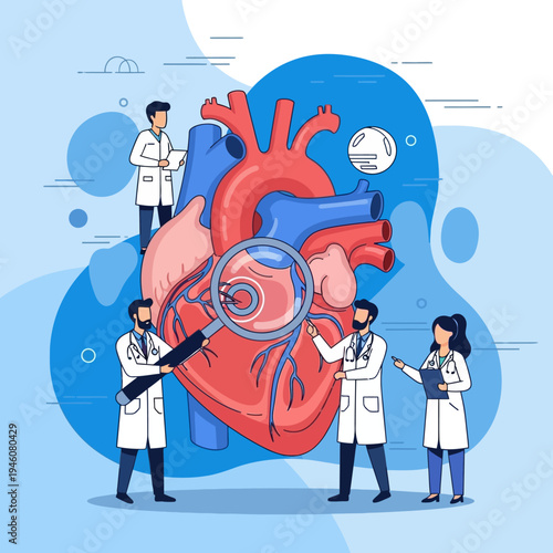 Doctors Examining Human Heart Anatomy with Magnifying Glass, Cardiology Medical Research Concept