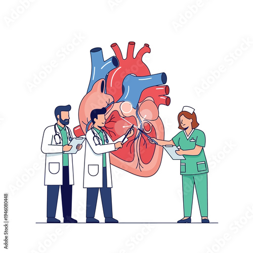 Doctors examining human heart anatomy, medical team discussing cardiology, healthcare professionals illustration