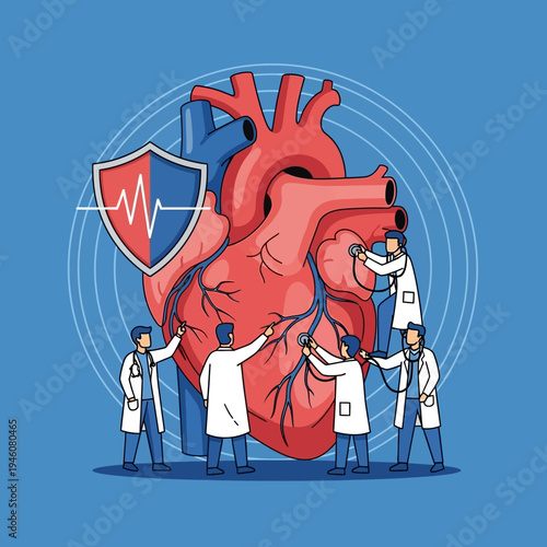 Doctors examining human heart with stethoscope, cardiology concept, medical care and protection