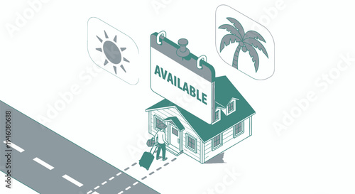 Vector illustration of house with Available sign and palm tree