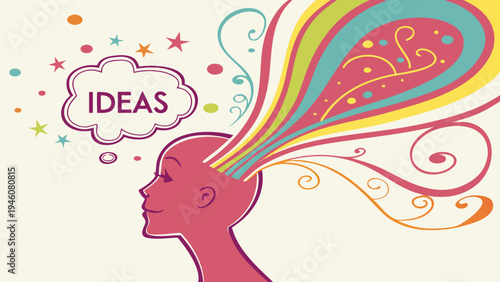Colorful illustration of a human head with ideas and thoughts flowing out in a creative and imaginative way on a beige background