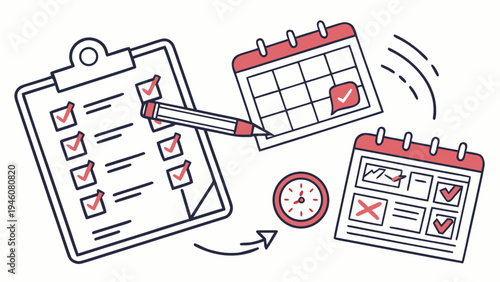 Checklist and calendars with a clock and a pen on a for planning and organization