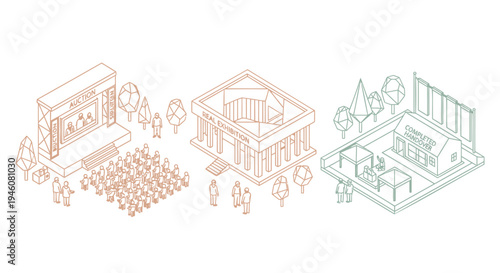 Set of 3 isometric building icons vector