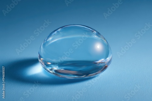 A clear glass sphere sitting on a blue surface.