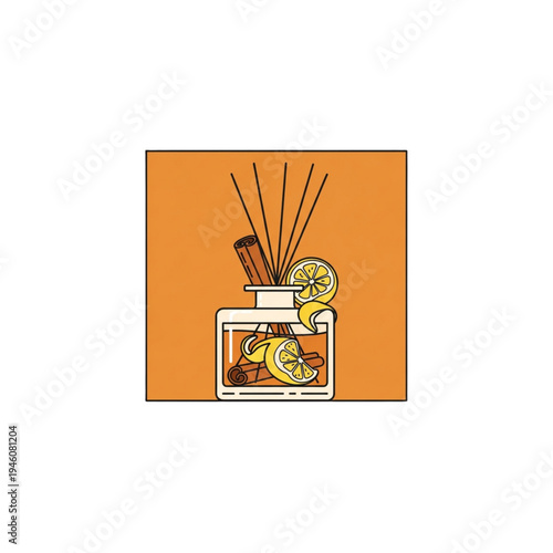 Reed diffuser with cinnamon sticks and lemon slices on orange background  