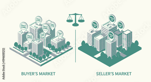Vector illustration of real estate market concepts, buyer's market vs seller's market