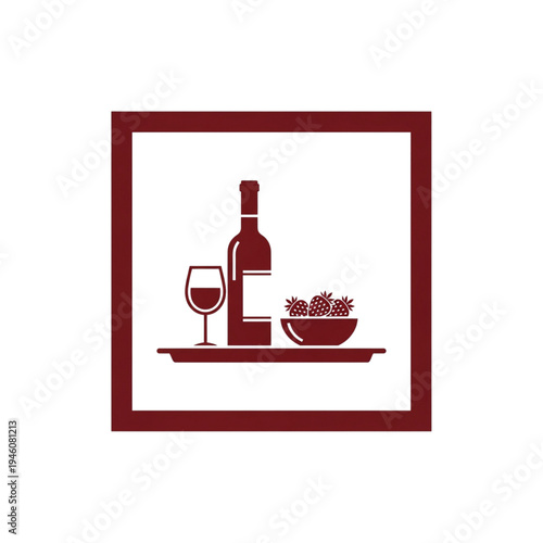 Wine bottle and glass with strawberries on serving tray  