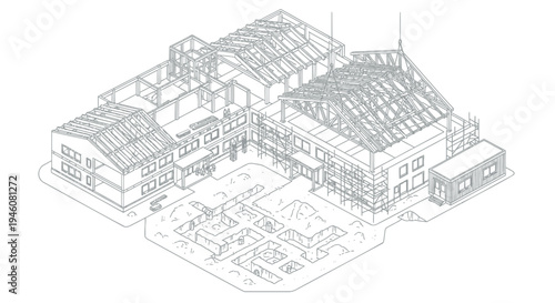 Vector illustration of a modern building complex with solar panels on the roof
