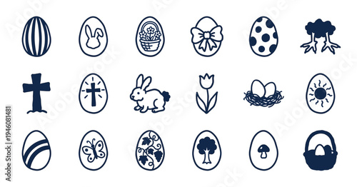 Hand-drawn Easter holiday and spring religious elements for rustic brand identity. Naive marker sketch illustrations featuring seasonal celebration concepts.