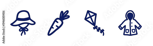 Hand-drawn spring and outdoor elements for organic brand identity. Rustic, naive marker sketch drawings featuring carrot, sun hat, raincoat, and kite.