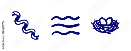 Hand-drawn nautical and nature elements in a naive blue marker style. Rustic wavy lines, decorative ribbon, and a bird nest with eggs for organic branding.