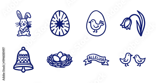 Hand-drawn Easter holiday elements with rustic charm. Naive marker sketch illustrations of spring rabbits, eggs, and religious symbols for organic branding.