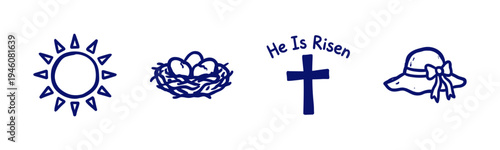 Hand-drawn Easter and spring celebration elements in a rustic blue marker style. Naive doodle illustrations of a bird nest, sun, cross, and sunhat.