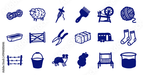 Hand-drawn wool production and sheep farming elements for rustic brand identity. Naive marker sketch illustrations of traditional textile crafts.