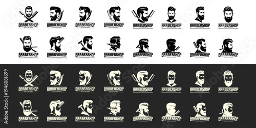 Modern vintage barber logo bundle with pompadour hairstyle and beard illustration for grooming business branding